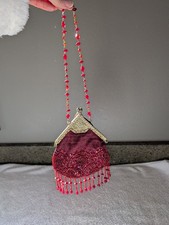 Vintage 1920 s Red Maroon Beaded Flapper Purse Pouch Metal Clasp
