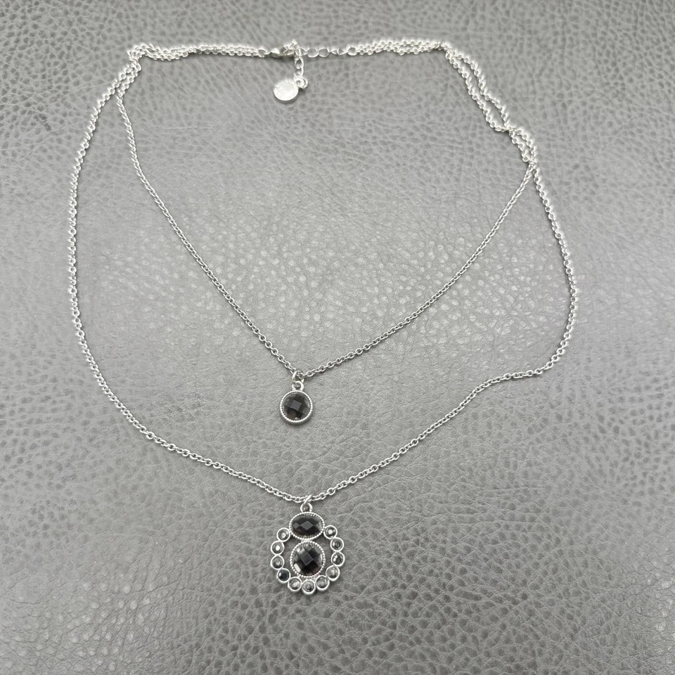 Collar Liz Claiborne Capas Doble Cadena Piedra Facetada Tono Plata Joyería Foto 2 de 4
