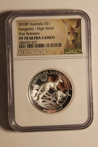 2018 P Australia HIGH RELIEF 1oz Silver Kangaroo $1 Coin NGC PF70 Ultra Cameo