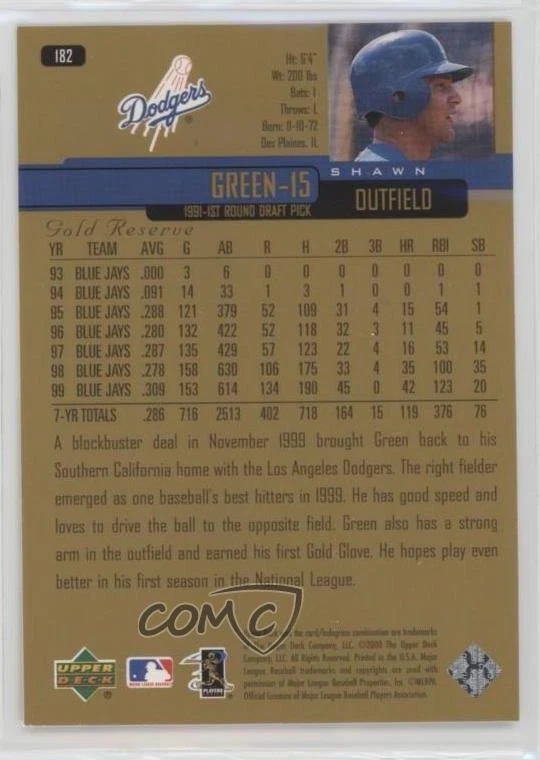 2000 Upper Deck Gold Reserve Shawn Green #182 - Image 2 of 2