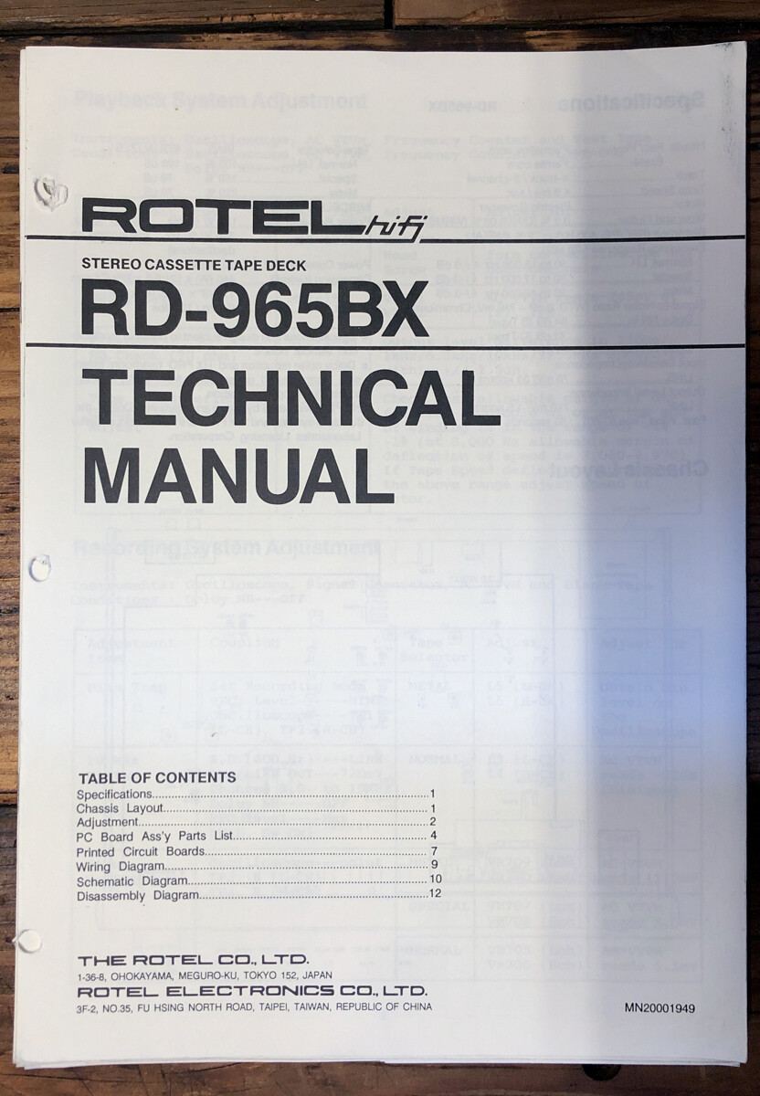 Rotel RD-965BX Cassette  Service Manual *Original*
