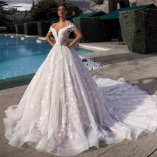 Elegant Off Shoulder A Line Lace Wedding Dresses Appliques Lace Up Bridal Gowns
