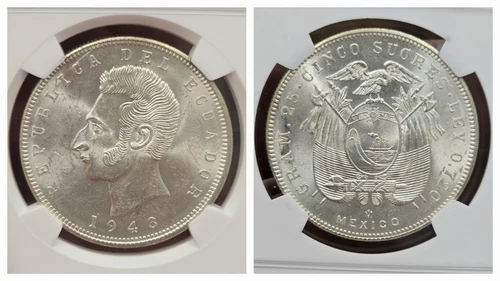 1943-Mo Ecuador 5 Sucres Silver NGC Uncirculated