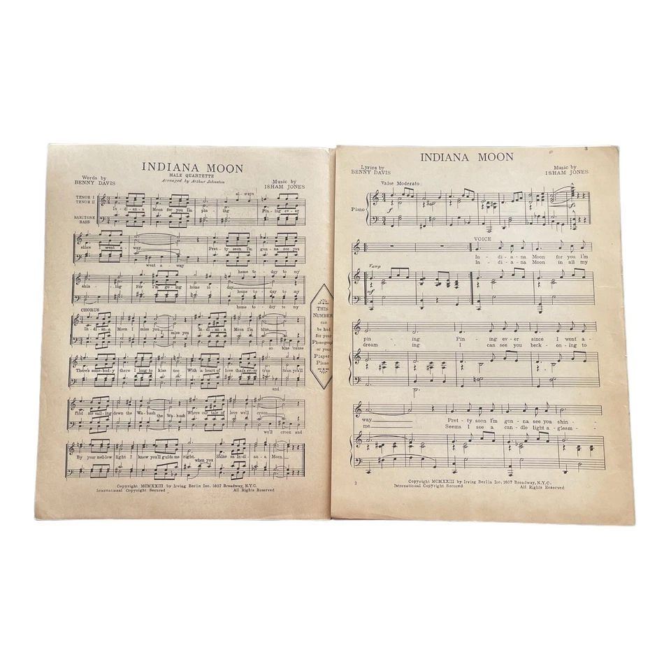 Indiana Moon Sheet Music 1920s Benny Davis Isham Jones Vincent Lopez Cover VTG - Image 4 of 4