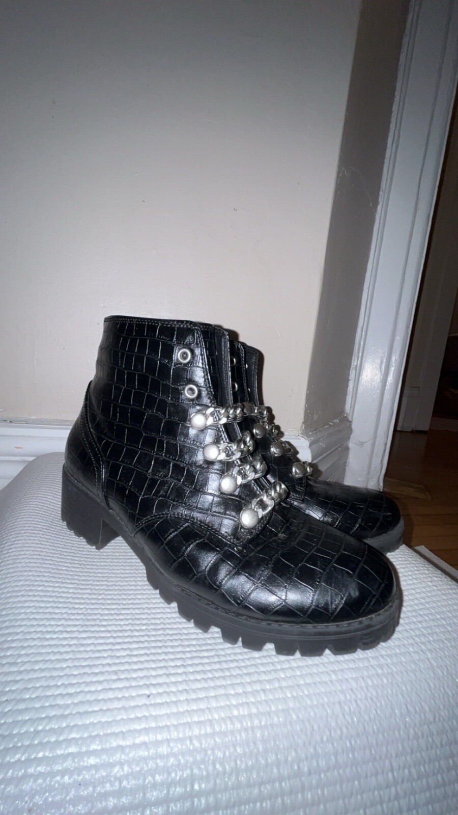 Stylish Black Faux Alligator Leather Ankle Boots with Silver Chains