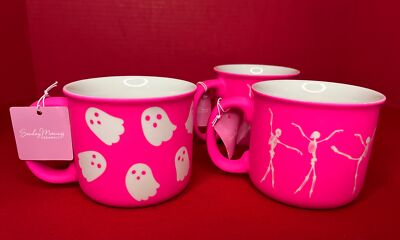 Sunday Morning Neon Pink Halloween Mug Set Of 3 (2 X Dancing Skeleton, 1 Ghost)