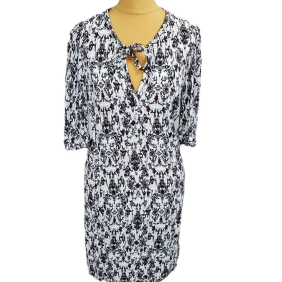 Maje Vestido Rayón Ligero Blanco y Negro Abstracto Floral Patrón Talla 2 Foto 2 de 4