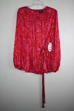 Women's Scoop Blouson Sleeve Belted Waist Blouse Red-Marble XL(16-18)