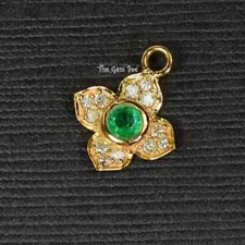 10MM 14K Yellow Gold Diamond Emerald 4 petal Flower Quatrefoil Charm Pendant