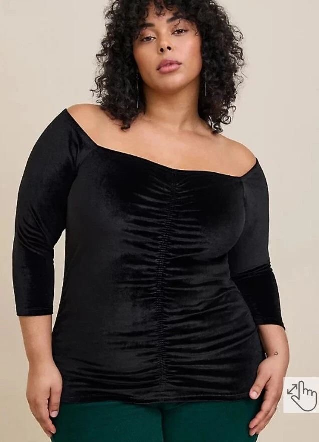 Torrid Size 2 2X Black Velvet Shirred Front Off Shoulder Top NWT