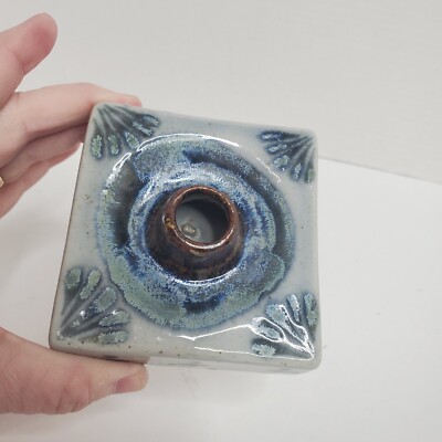 Ken Edwards mexican studio pottery tonola square taper candle holder gray green 