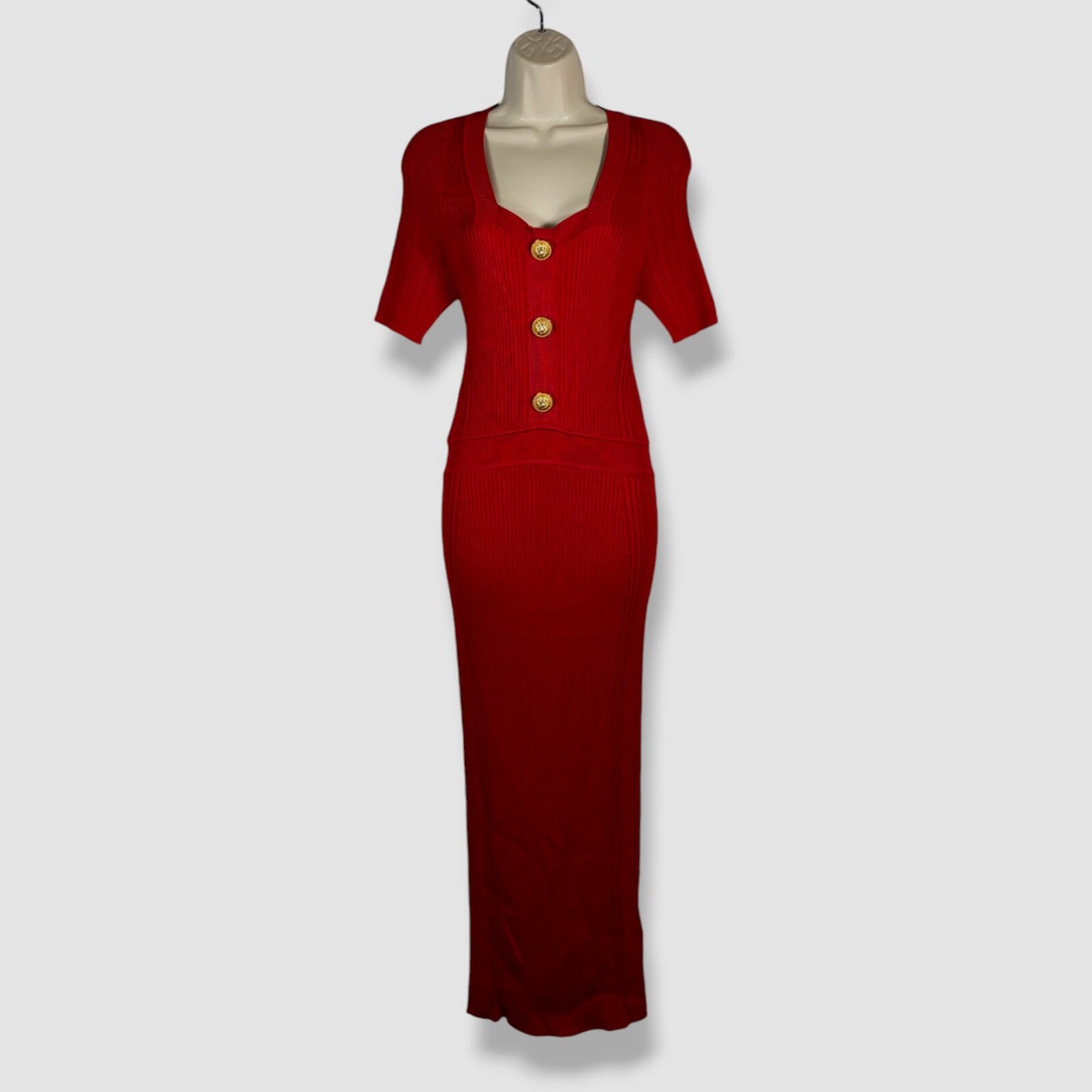 Balmain Women's Red Rib-Knit Signature Button Square Neck Dress Size 40