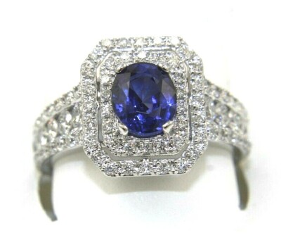 Natural Oval Blue Sapphire & Diamond Halo Solitaire Ring 14k White Gold 2.70Ct