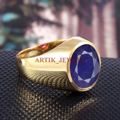 Bague Pour Homme En Argent Sterling 925 Plaqué Or Avec Saphir Bleu Chauffé #5567 - Photo 1/4