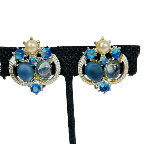 Vintage Blue Aurora Borealis Earrings Foil Glass Faux Pearl Clip On Silver Tone - 第 1/6 張圖片