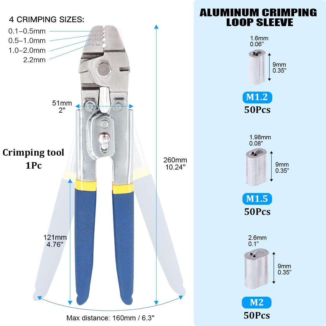 Glarks Up to 2.2mm Wire Rope Crimping Tool with 150Pcs 3 0.1-2.2mm, Silver