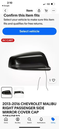 13-16 Chevy Malibu Right Side Mirror Cover 22860532