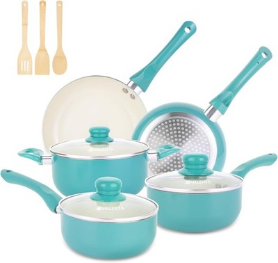 11-Piece Ceramic Nonstick Cookware Set, Induction Compatible, Teal Blue