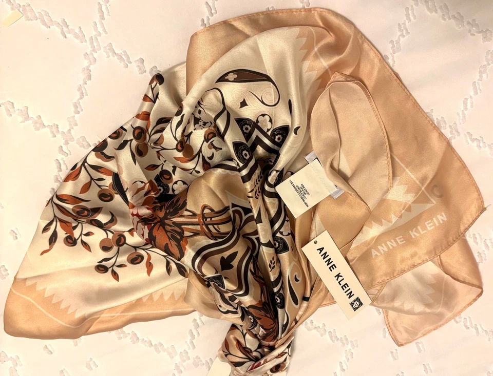 Anne Klein Head Square Scarf Kerchief Floral Chestnut Elegant NWT - Image 2 of 4
