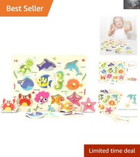 Educational Sea Creature Wooden Peg Puzzle for Toddlers   11 Bright Pieces
