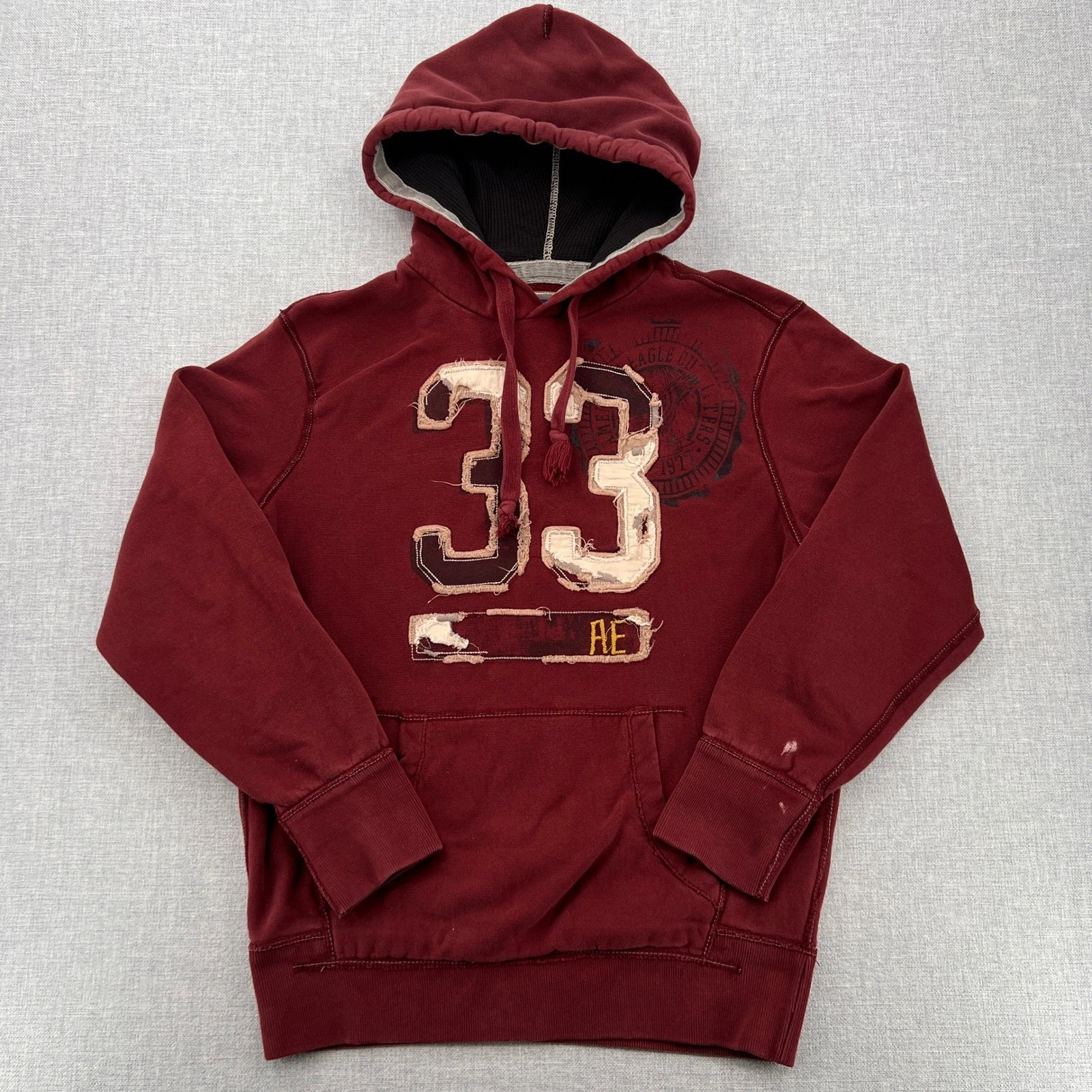 VTG Y2K American Eagle 33 Graphic Hoodie Men M Burgundy Distressed Thermal Hood