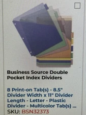 NEW 1 PKG DBL POCKET INDEX DIVIDERS 8-PRINT ON-FREE SHIPPING