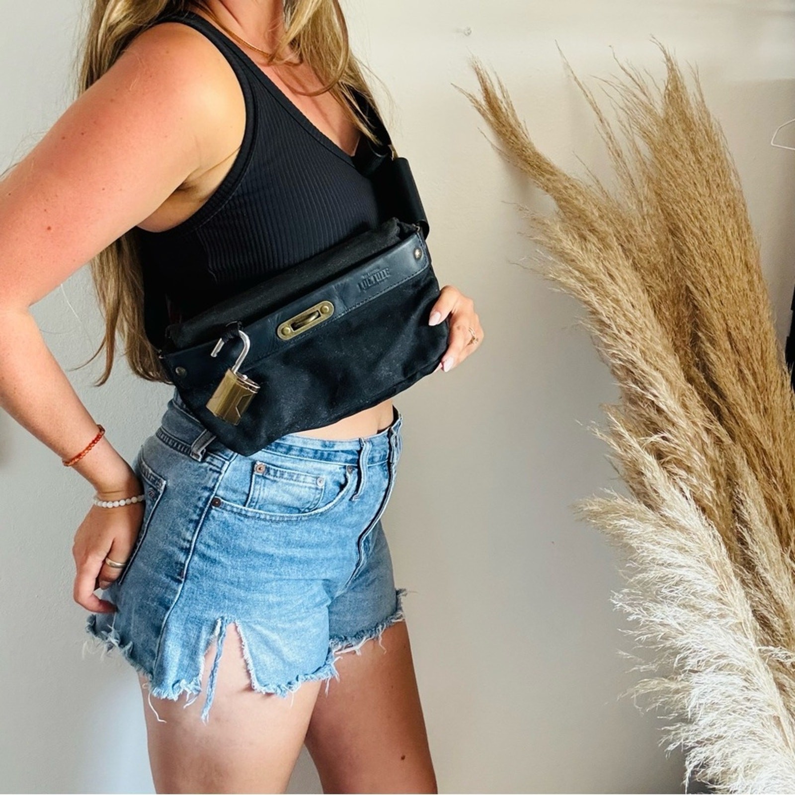 LOCTOTE Washed Black Padlock Crossbody Hip Bum Bag Travel Purse Zip Pockets