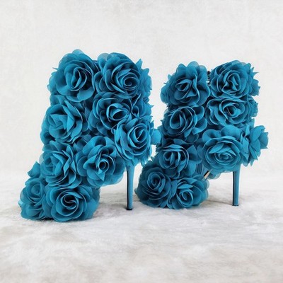 Beauty 3D Flowers Floral  High Heel Xoanna Elegant Ankle Boots Teal Blue
