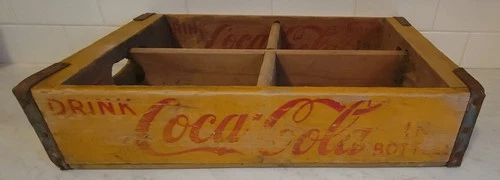 1952 Coca-Cola Yellow Wooden 4 Section Soda Bottle Crate Chattanooga Vintage