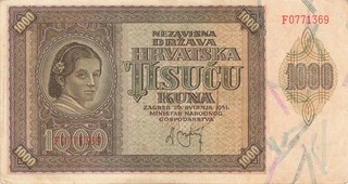 Kroatien Croatia Hrvatska 1000 Kuna 1941 P4 VF (Serie F)