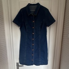 Blue Denim Shirt Dress Collared Button Front Short Sleeve Knee Length Size 10