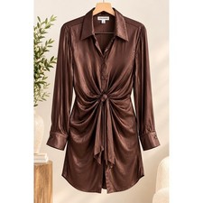 Steve Madden Tie Curious Satin Shirt Dress L Chocolate Brown Tie Front Mini