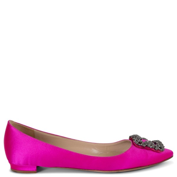 73308 authentic Manolo Blahnik flat shoes fuchsia pink Satin HANGISI CRYSTAL 37