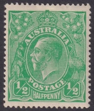 AUST KGV ½d GREEN SINGLE Wk. "DEEP GREEN". WELL CENTERED. MNH. (K012)