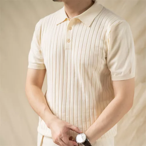 Camisa Tejida Vintage Moda Rayas Manga Corta Camisetas Hombres Camisa Suéter - Imagen 1 de 27