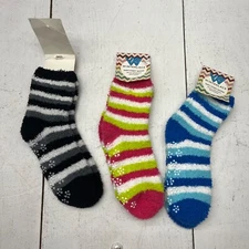 Winter Lace 3-Pair Multicolor Striped Fuzzy Socks Gripper Bottoms Womens OS