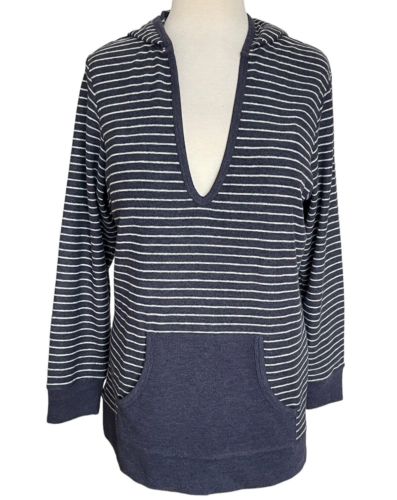 Avenue Hoodie Women Sz 14/16 Navy White Stripe Kangaroo Pocket V Neck Long Slv - Picture 1 of 17