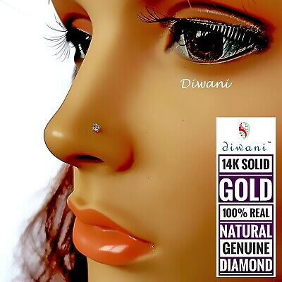 Diwani 1.8mm Natural VVS Diamond Solitaire Nose Stud Pin Piercing Rings 14k Gold