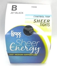 L'eggs Sheer Energy Control Top Jet Black Sheer Tights  ~ B Jet Black 95698