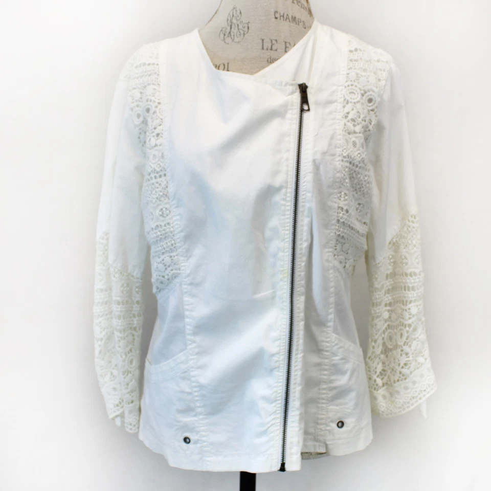 Chaqueta de Moto XCVI Blanca Algodón Encaje Cremallera Bolsillos Frontales Boho Grande Foto 2 de 4