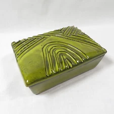 Vintage Raymor Pottery Covered Trinket Box Mid Century Green