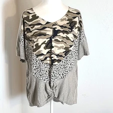 Gigio Tan Top, Camouflage & Leopard Print Accents & Cinched Knot, Size Small,NWT