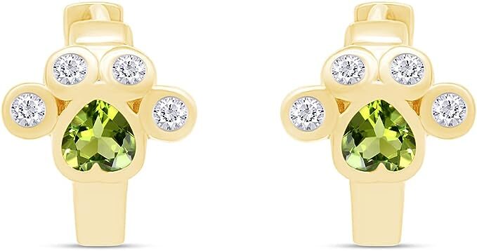 Cat Dog Paw Print Hoop Earrings Simulated Birthstone & CZ 14K Yellow Gold Plated
