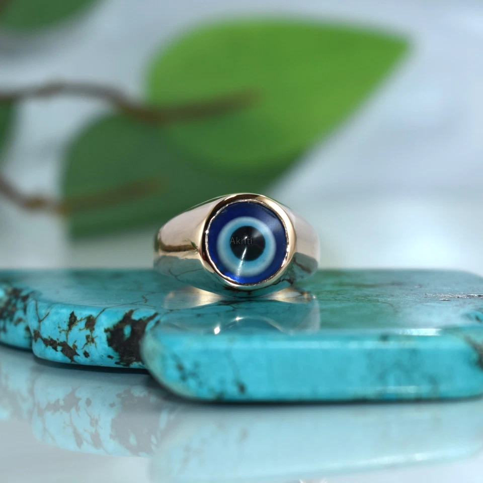 Anillo protector mal de ojo cobre hecho a mano sello para hombre habilidad tradicional artista Foto 4 de 4