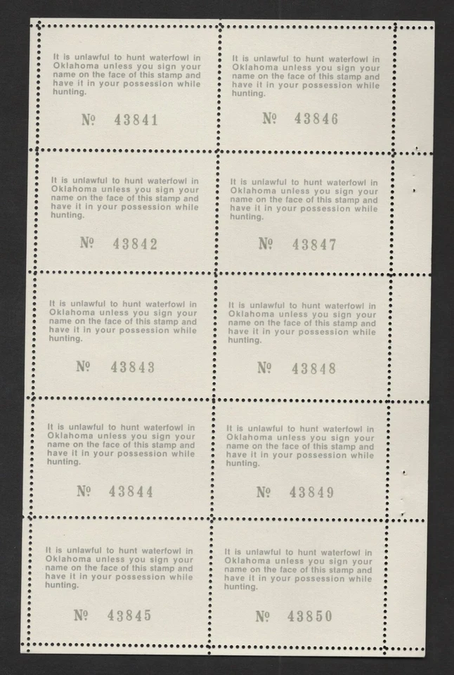 US 1981 OKLAHOMA FIRST DUCK HUNTING STAMP PINTAILS SCOTT #1 IN FULL SHEET OF 10 - Image 2 of 3