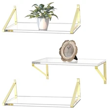 Gold Floating Shelves Crystal-Clear Acrylic Floating Shelves,Sturdy Thickness...