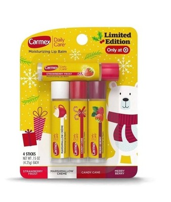 Carmex Holiday Lip Balm 4pc Marshmallow Creme+Candy Cane+Strawberry Frost+Berry