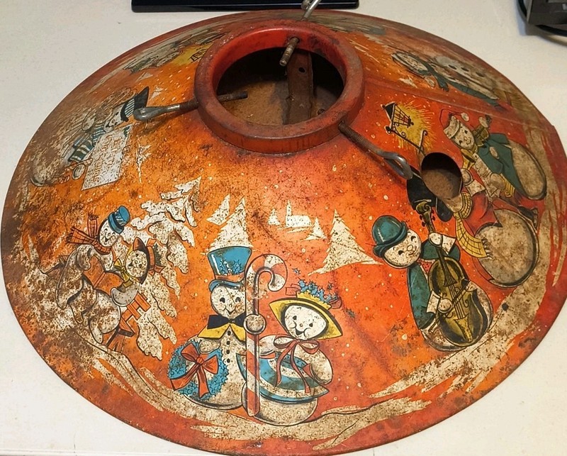 Rare Vintage 50’s Coloramic Red Litho Christmas Tree Stand- Snowmen Read Please 