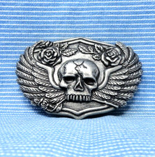 Skull Wings Roses Belt Buckle Rock Roll Music Biker Goth Cosplay Vtg 90s .TYC146