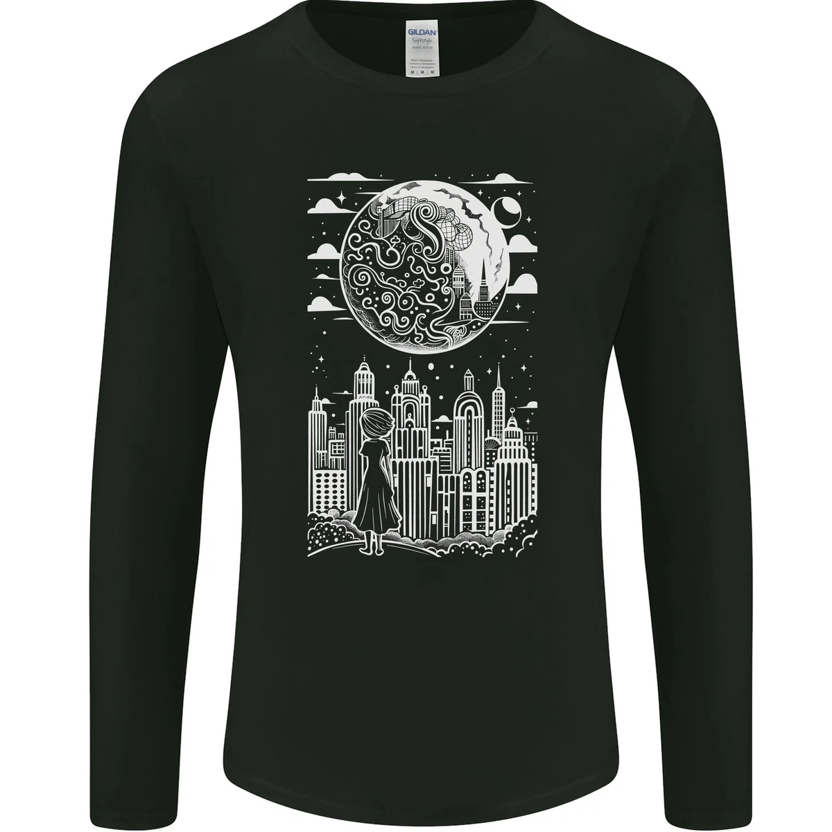 Fantasy City Blanco y Negro City Anime Hombre Camiseta Manga Larga